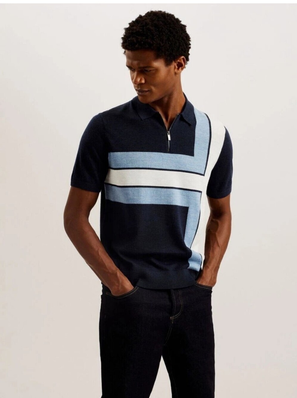 Ted Baker Mens Sweater Merino Wool Button Short Sleeve Color Block Blue Large